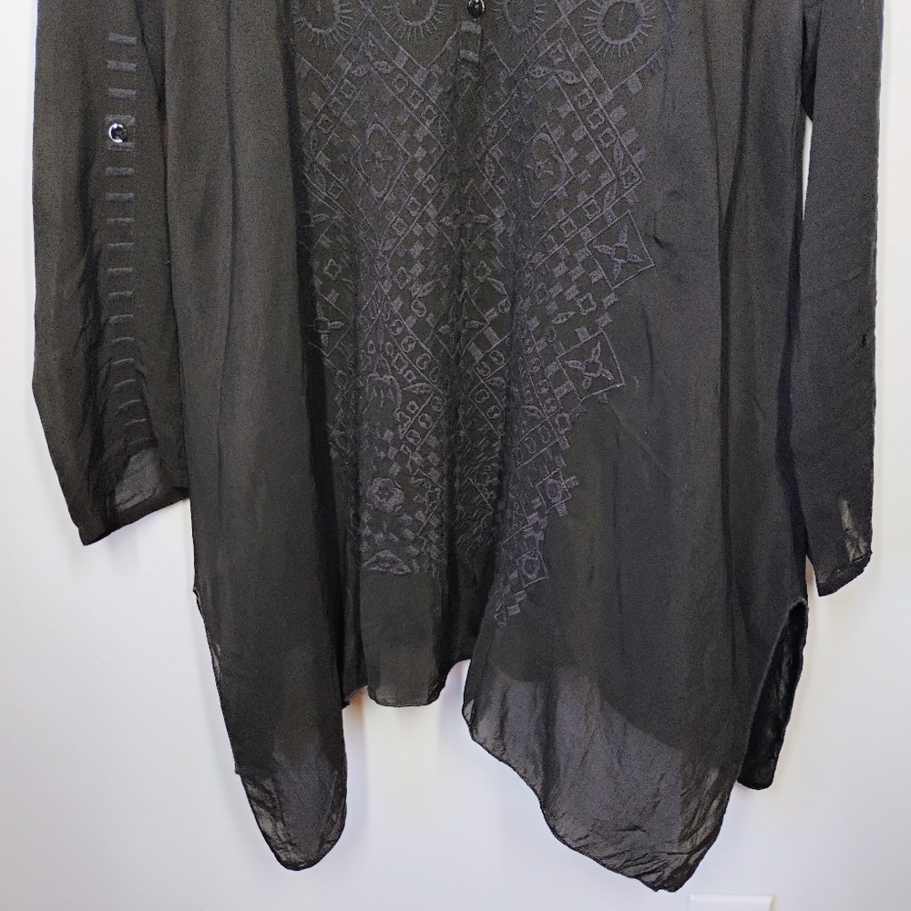Johnny Was Rona Tunic Womens Small Black Sheer Embroidered Shark Bite Hem Boho - Picture 3 of 13